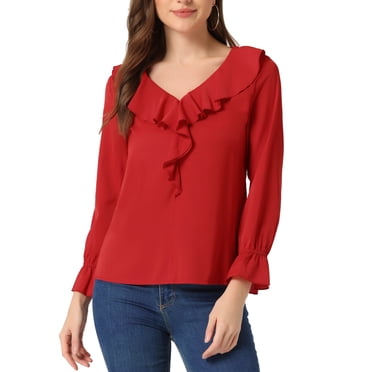 INSPIRE CHIC Blouse à Volants pour Femme, Élégante, Col en V, Manches Longues, Haut Habillé pour le Travail, L Rouge