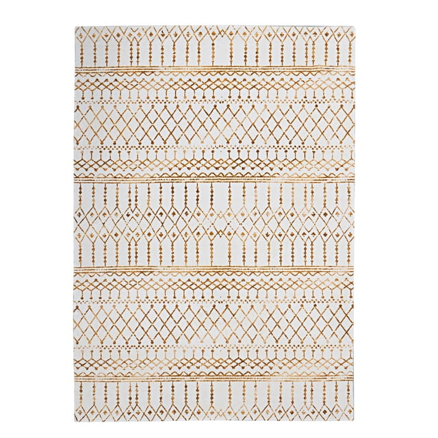 Motif Printed Faux Rabbit Minear Ivory & Gold 5 ft. x 7 ft. area rug with ivory background and gold Moroccan geometric patterns in horizontal bands, featuring a thick, plush faux rabbit fur texture ideal for high-traffic areas and adding warmth to any room.