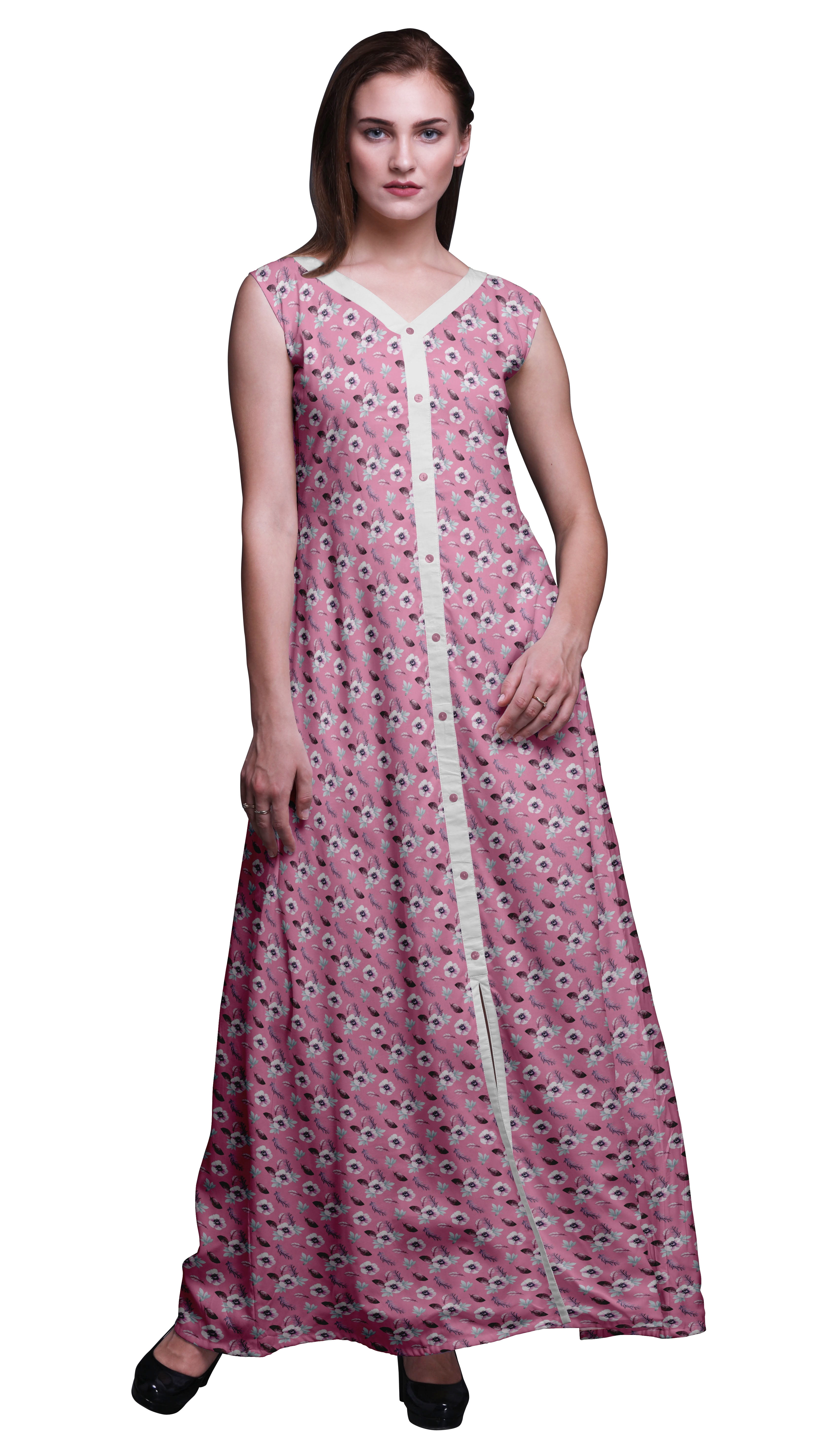 Bimba Floral Printed Front Slit Sleeveless Summer Spring Long Women BeachDress-XX-Large