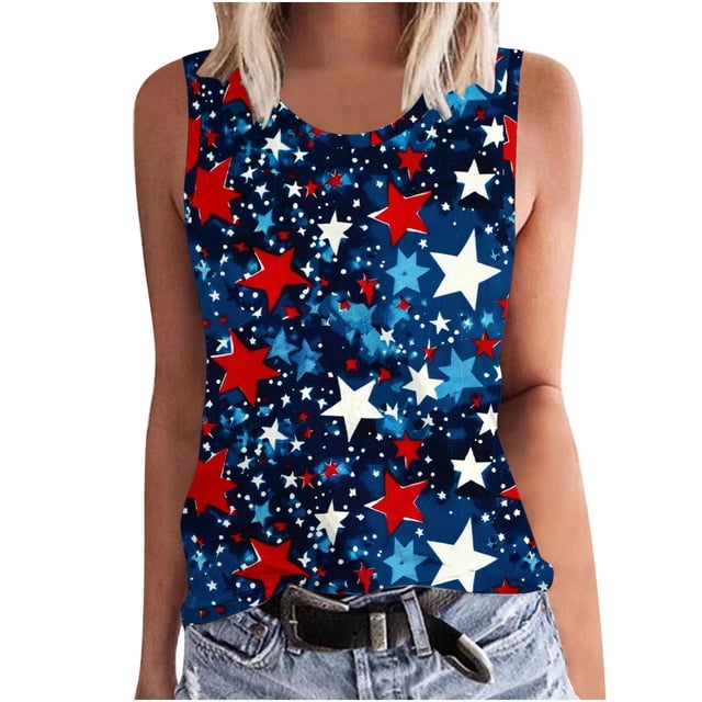 KIHOUT Débardeur pour Femme 4th of July Col Rond Sans Manches Imprimé de la Fête de l'Indépendance Hauts de Type Veste Multicolore 3TG