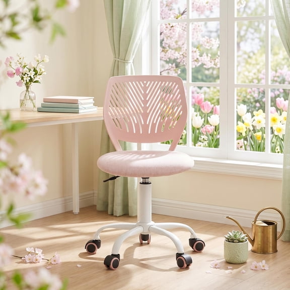 Homy Casa Pink Kids Desk Chair, Adjustable Height Swivel Study Chair with Cushioned Seat and Rolling Wheels for Bedroom