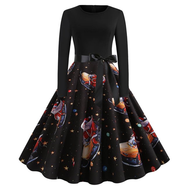 Fridja Robe Vintage Évasée à Nœud Papillon pour Femmes, Manches Longues, Imprimée, pour Fête de Noël