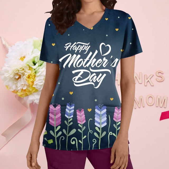 LSLJS Hauts à Manches Courtes à Col en V pour Femmes, Uniforme de Travail Imprimé avec Poche, Blouse, Hauts, Sarraus pour Femmes Grande Taille