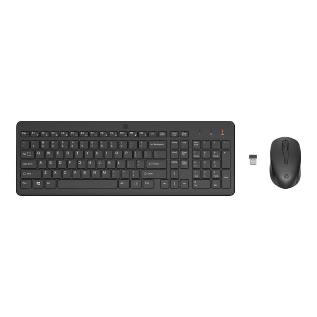 HP 330 Wireless Mouse and Keyboard Combo with a full-size black wireless keyboard featuring a number pad and low-profile plunger keys, a black wireless mouse with scroll wheel, and a USB-A wireless receiver for 2.4 GHz RF connectivity and 32 feet range, ideal for office or classroom settings.