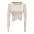 thumbnail image 1 of FAIWAD Women's Ribbed Long Sleeve Crop Top Basic Slim Stretch Irregular Hem Pullover Tops with Thumb Hole, 1 of 7