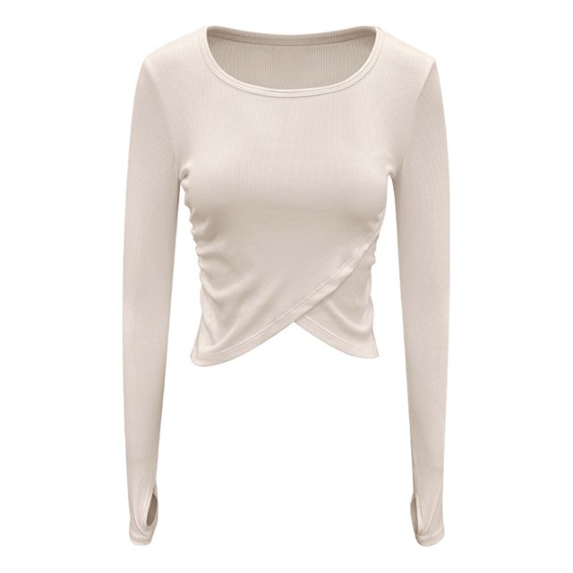 FAIWAD Women's Ribbed Long Sleeve Crop Top Basic Slim Stretch Irregular Hem Pullover Tops with Thumb Hole