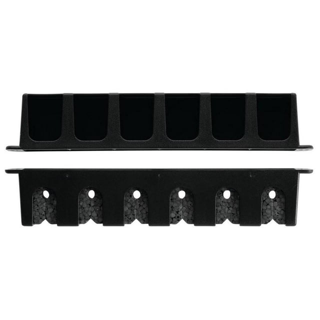 Berkley BRMH6 Horizontal Rod Pack with two black textured plastic horizontal rod holders, each featuring six slots and mounting holes, ideal for fishing rod racks and secure rod storage, suitable for organizing fishing gear.