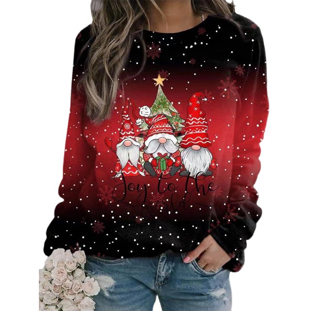 Bellella Sweatshirts de Noël pour Femmes Manches Longues Hauts de Noël Col Rond Pull Ample Imprimé Santa Claus Rouge TG