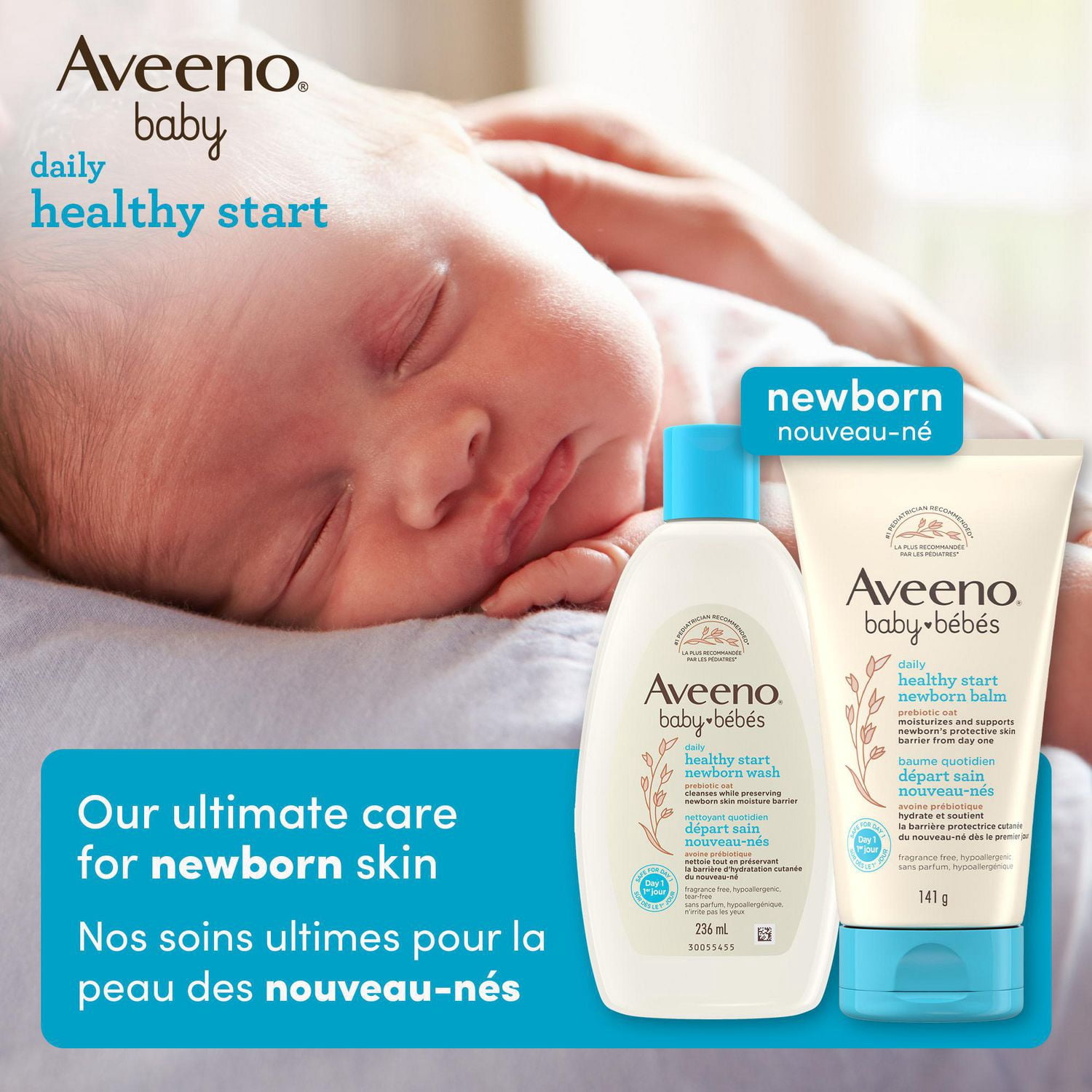 Baume quotidien Départ sain nouveau-nés Aveeno pour bébés, hydratant sans parabènes, avec avoine prébiotique, sans parfum, 141 g