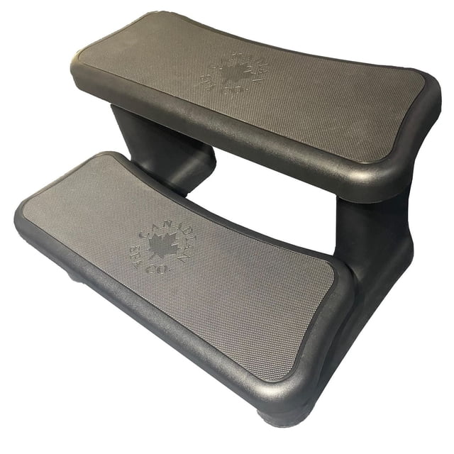 Universal Spa Steps with two black foam non-slip steps designed for quick entry into round and square spas, featuring a reversible design and textured surface with a maple leaf logo, shown from a 3/4 angle on a white background, also suitable as a stable platform for outdoor gardening.