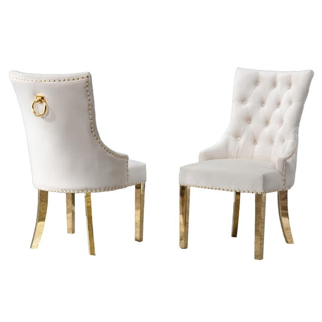 Double Tufted Cream Velvet Side Chairs with Gold Stainless Steel Legs