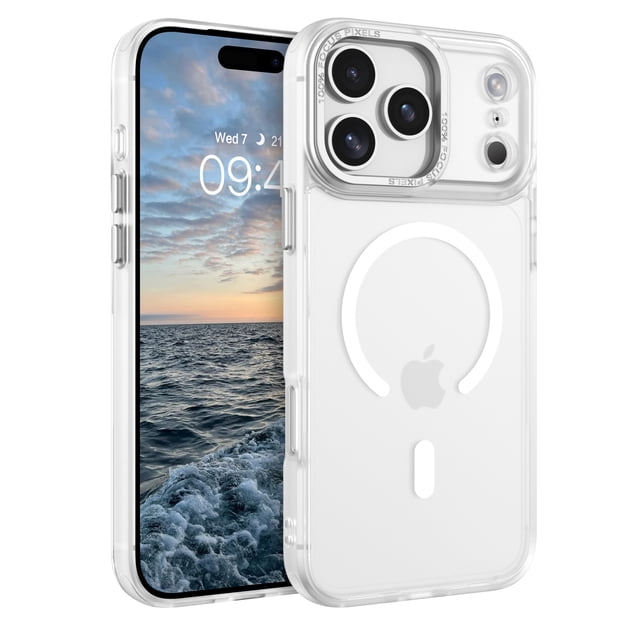 DOMAVER Magnetic iPhone 17 Pro Max Case (6.9") in white, featuring a slim fit matte translucent design with MagSafe compatibility. The case offers shockproof protection, anti-yellowing technology, and precise cutouts for buttons and ports. The translucent back subtly displays the Apple logo, while the raised edges protect the screen and camera. Shown on an iPhone 17 Pro Max with a visible ocean-themed wallpaper.