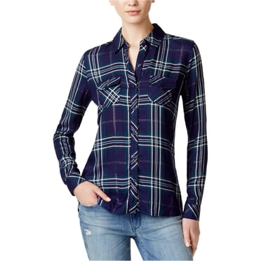 maison Jules Womens Plaid Button Up Shirt, Blue, XX-Small