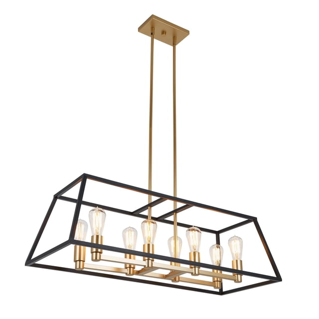 Artika Carter Long 8-Light Chandelier with a rectangular black matte steel frame and brass accents, featuring eight incandescent bulbs and adjustable height rods, suitable for contemporary ceiling lighting and versatile interior decor.