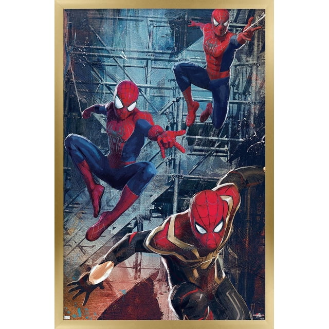 Marvel Spider-Man: No Way Home - Trio Wall Poster featuring three Spider-Man figures in dynamic action poses wearing red and blue suits against an industrial scaffolding background, printed on glossy poster paper, 22.375 by 34 inches, ideal wall art for home décor, dorm rooms, or party decoration.