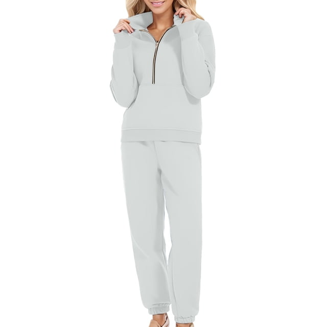 Timegard Ensemble de Survêtement 2 Pcs pour Femmes, Tenue à Demi-Glissière, Col en V, Chandail à Manches Longues, Pantalon de Survêtement à Bas Resserré, Ensembles d'Entraînement