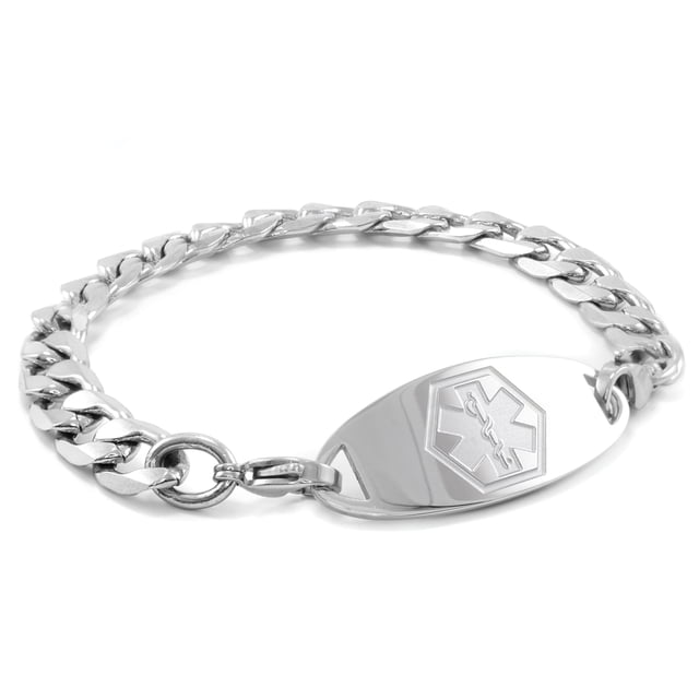 MedicEngraved Bracelet à Maillons Gourmette 9 mm en Acier Inoxydable 316L Chirurgical avec Étiquette Médicale Embossée - Gravure Médicale Incluse