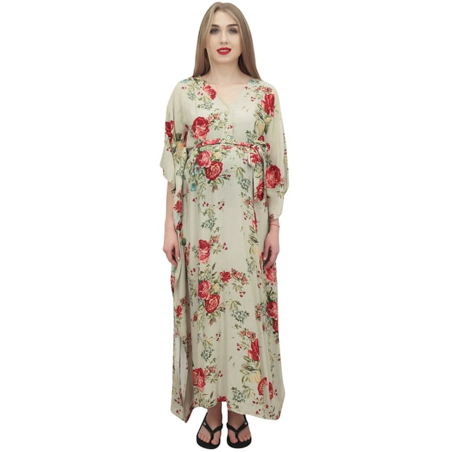 Bimba Robe Maxi de Maternité à Imprimé Floral Vert Menthe pour Mamans avec Ceinture-8