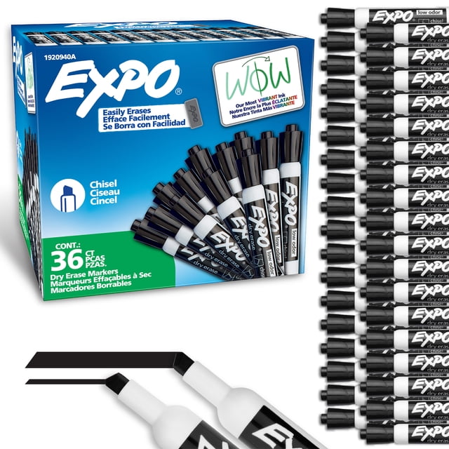 EXPO Dry Erase Markers, Low Odour Ink, Black, Chisel Tip, 36 Count