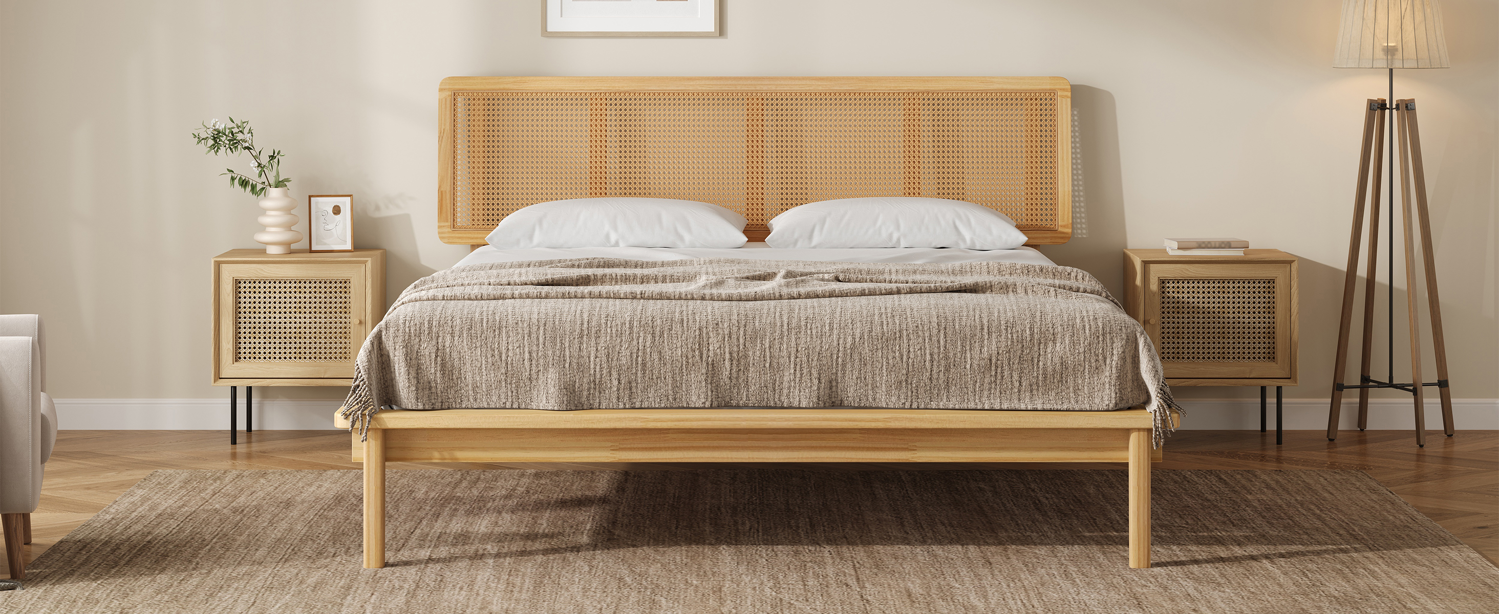 Noble House Modern Rattan Platform Bed,Cane Headboard & Footboard with Natural Woven Panels,Mid-Century Bed Frame,Walnut