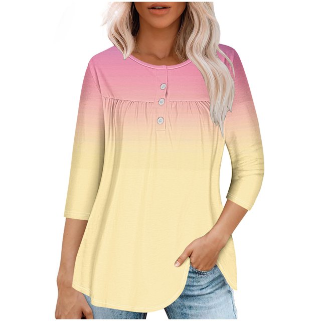 Pisexur Womens Plus Size Sweatshirt Gradients 3/4 Length Sleeve Tops Fall V-Neck Blouses Spring Ruffle Sleeve Tunic T-Shirts Dressy Casual