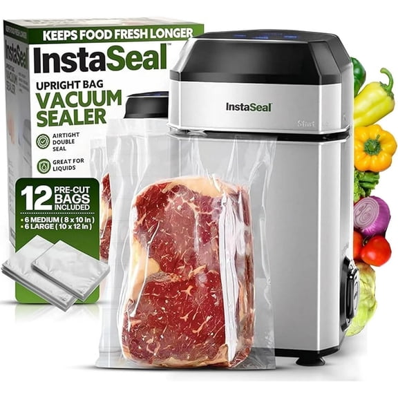 InstaSeal Vacuum Sealer Machine with 12 Quart Food Safe Storage Bags Upright Automatic Bag Sealing Compact Double Seal Food Saver
