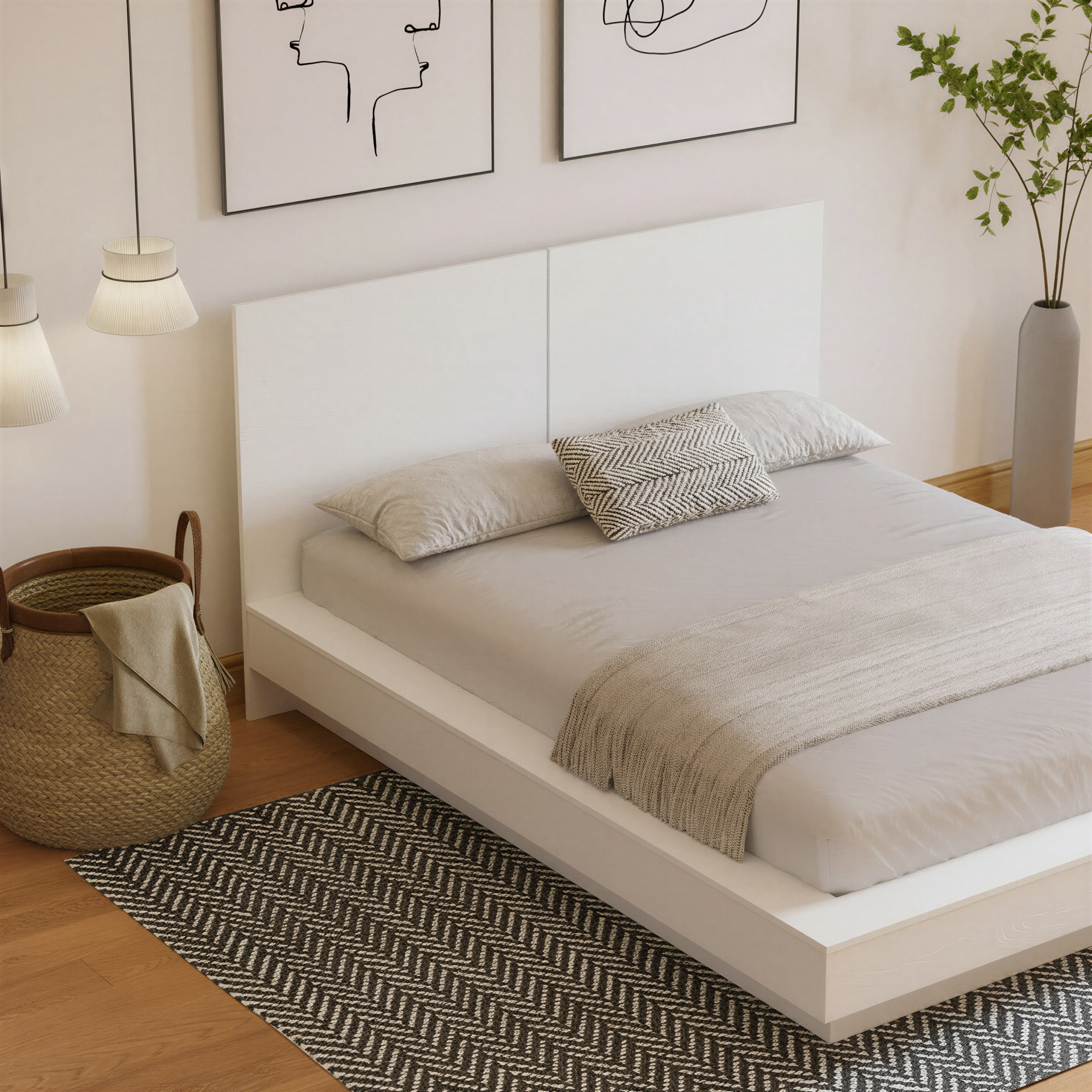 Lit plateforme Queen Nexera Napa avec tête de lit, Chêne blanc