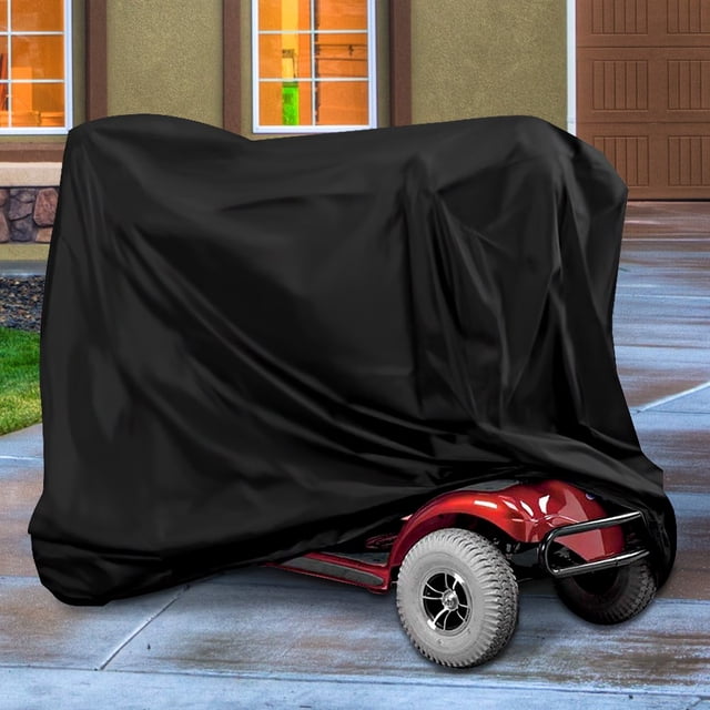 MesaSe Housse de Trottinette de Mobilité Robuste en Noir, Conçue pour Être Imperméable, anti-UV et Anti-Poussière. la Housse Est Partiellement Drapée sur une Trottinette de Mobilité Rouge, Mettant en Valeur Son Matériau Résistant aux Déchirures et Facile à Nettoyer. Cordon Élastiqué Assure un Ajustement Serré, Convient à Toutes les Saisons et Protège contre la Pluie, la Poussière, la Saleté et les Dommages Causés par le Soleil. Idéale pour Protéger les Trottinettes de Mobilité contre les Éléments Environnementaux.