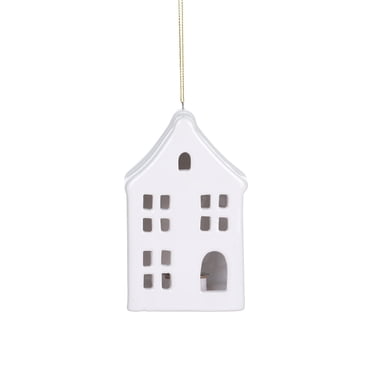 HOLIDAY TIME 4.25 Inch Lighted White Ceramic House Ornament, 90% Ceramic 10% Electronic Components Hanging Decor