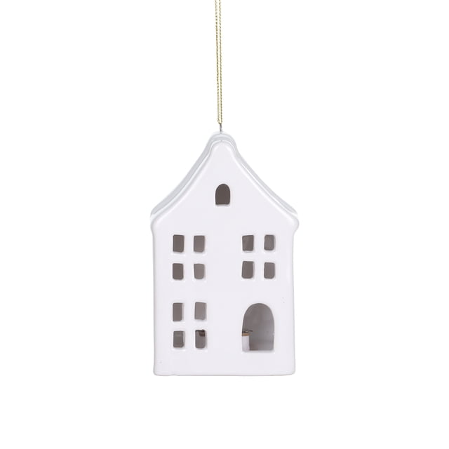 HOLIDAY TIME 4.25 Inch Lighted White Ceramic House Ornament, 90% Ceramic 10% Electronic Components Hanging Decor