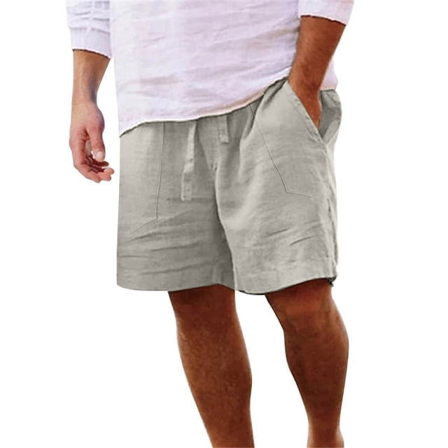 Men's Cotton Linen Casual Classic Fit 11 Inch Inseam Elastic Waist Shorts with Drawstring