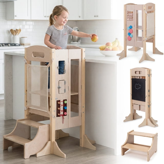 Gymax Foldable Toddler Step Stool Wooden Kitchen Standing Tower w/ 2-Setp Stool