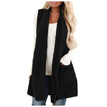 TJAZFJPA Gilet de Travail Gilet Sans Manches pour Femmes Cardigan Duveteux Vintage Shaggy Veste Gilet Manteau Long Gilet pour Femmes avec Capuche et Poches Gilets Surdimensionnés pour Femmes Matelassé
