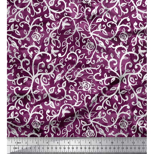 Soimoi Rayon Fabric Leaves,Bird & Rose Flower Decor Fabric Printed Yard 56 Inch Wide
