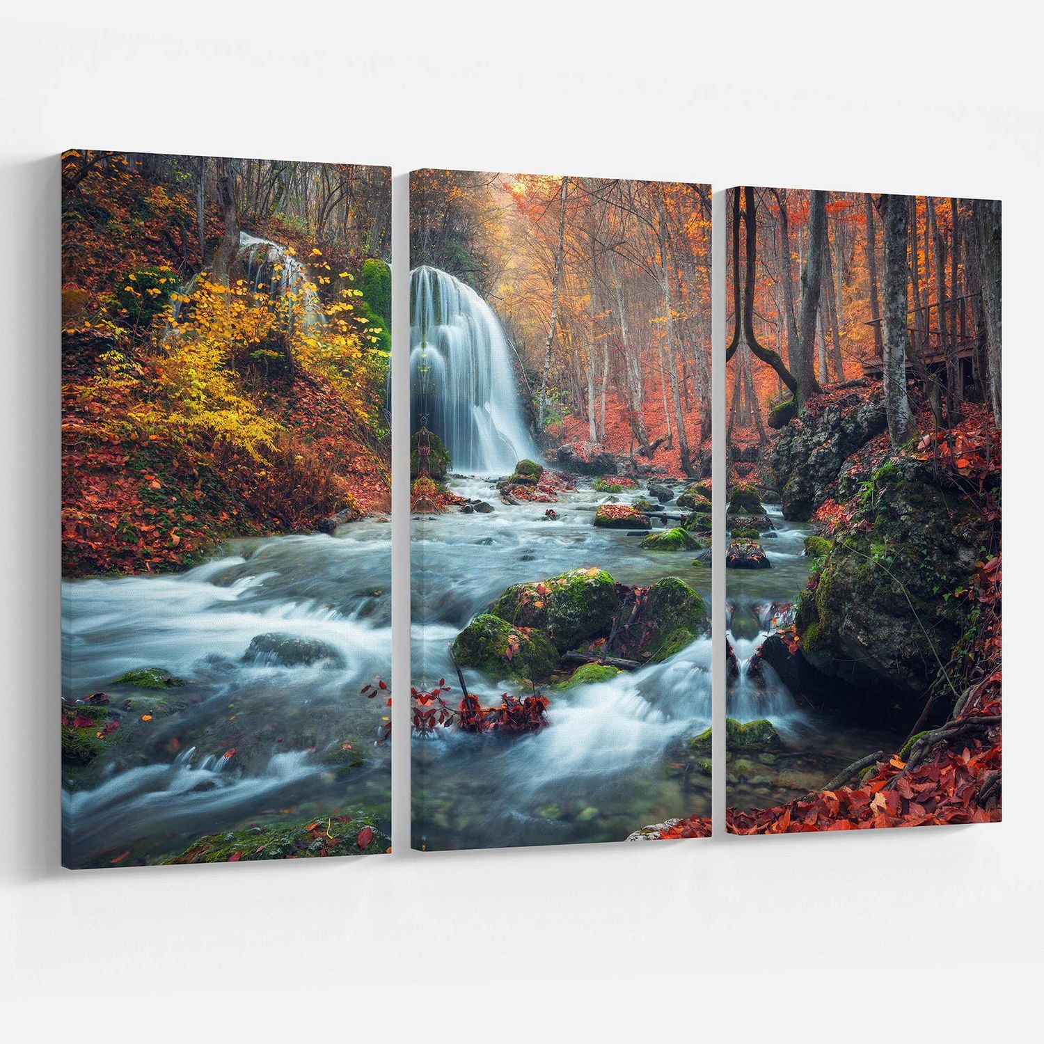 Designart Autumn Mountain Waterfall Long View Canvas Wall Art