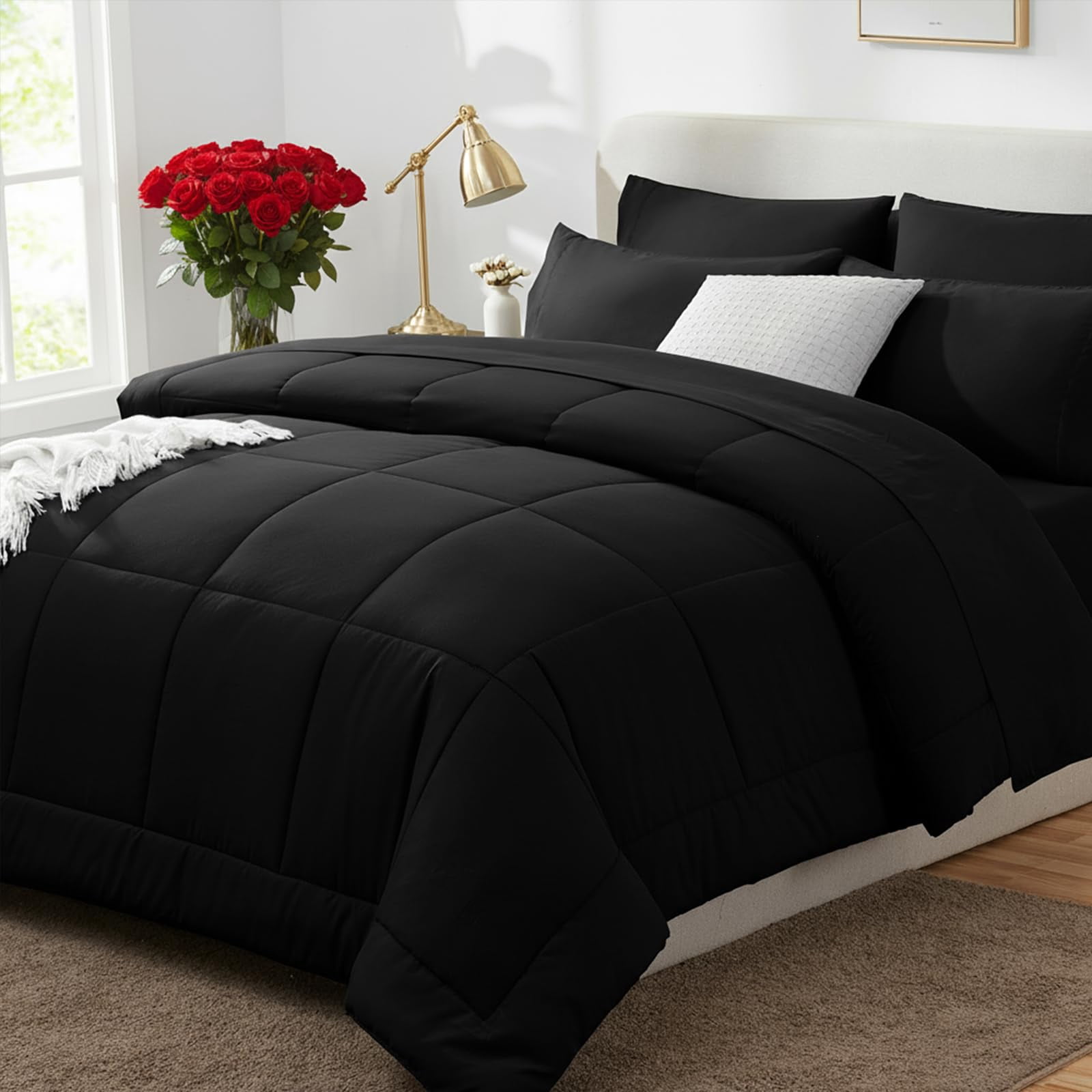 CozyLux Queen Comforter Set Black, 7 Pieces Bed in a Bag, Black Comforter Queen Size, All Season Bedding Sets with Stitch Quilted Comforter, Flat Sheet, Fitted Sheet, Pi