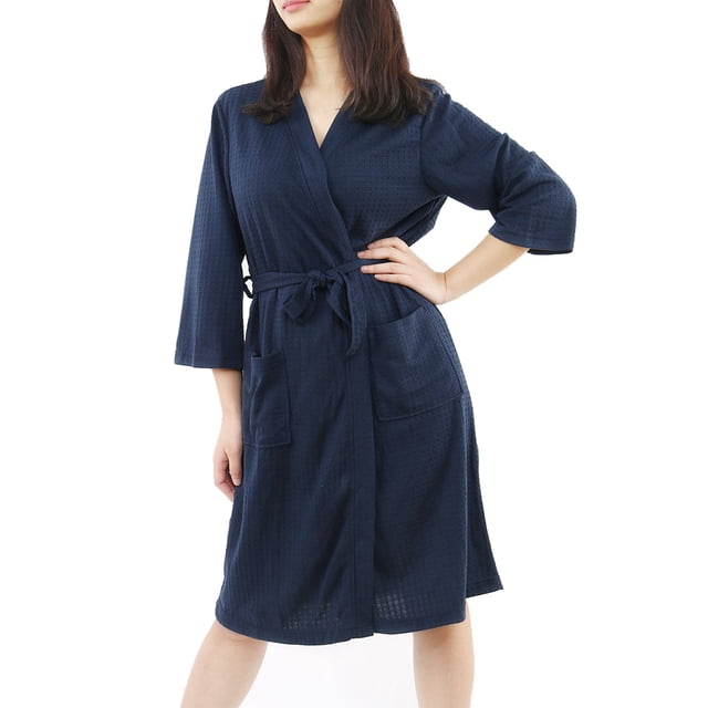 Women's 100% Polyester Lightweight Soft Warm Kimono Short Robe M Navy Blue