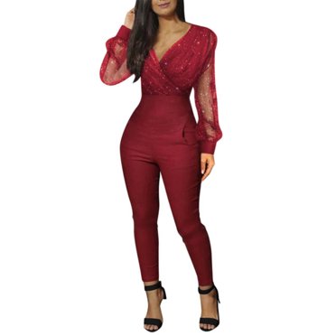 Xingqing Femmes Élégant Parti Jumpsuit Paillettes Mesh Transparent Manches Longues V-Cou Bodycon Pantalon Romper Vin Rouge S