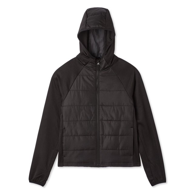 George Girls' Hybrid Jacket in black featuring a quilted pongee front body, long raglan sleeves with elasticized cuffs, hood, full-zip closure, and two on-seam pockets, designed for water-repellent protection and warmth in girls' outerwear.