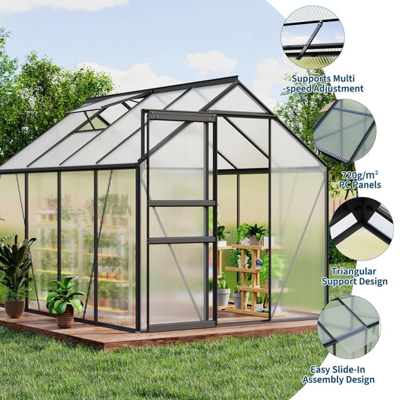 Heavy Duty Polycarbonate Walk-in Greenhouse – 6x8 FT Aluminum Frame, Roof Vent, Rain Gutter, Sliding Door, Ideal for Outdoor Patio, Backyard, Garden, Apartment Balcony