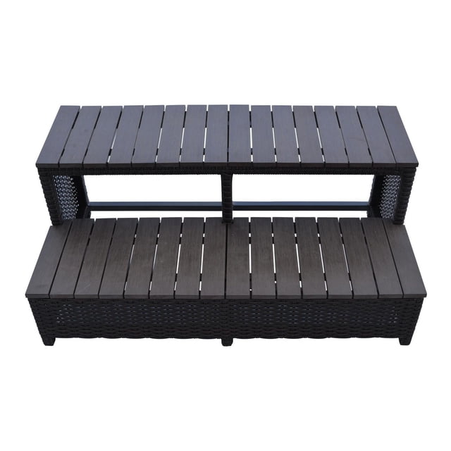 84in Wicker Spa Step with two slip-resistant synthetic wood steps featuring a dark wicker rattan border, designed for Canadian Spa Company hot tubs but suitable for any model, with slatted surfaces for drainage and a rust-resistant aluminum frame.