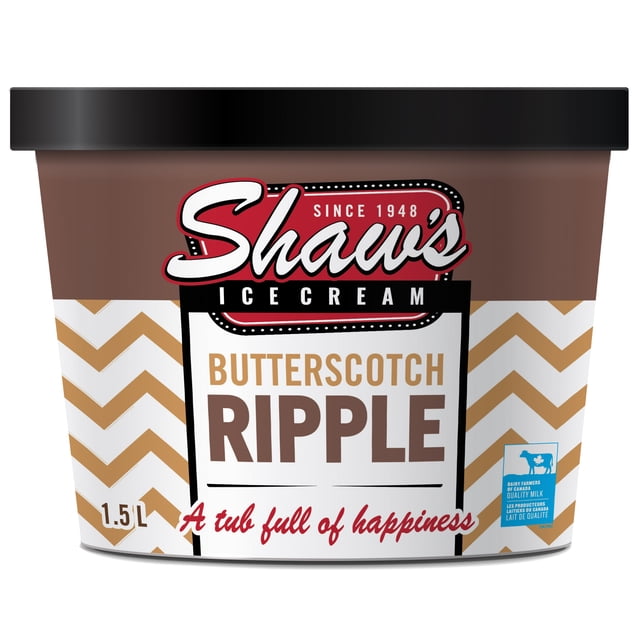 BUTTERSCOTCH RIPPLE Ice Cream by Shaw's Ice Cream in a 1.5L tub featuring thick butterscotch ribbon, in a brown and white chevron patterned container with black lid, ideal as a frozen dessert or treat.