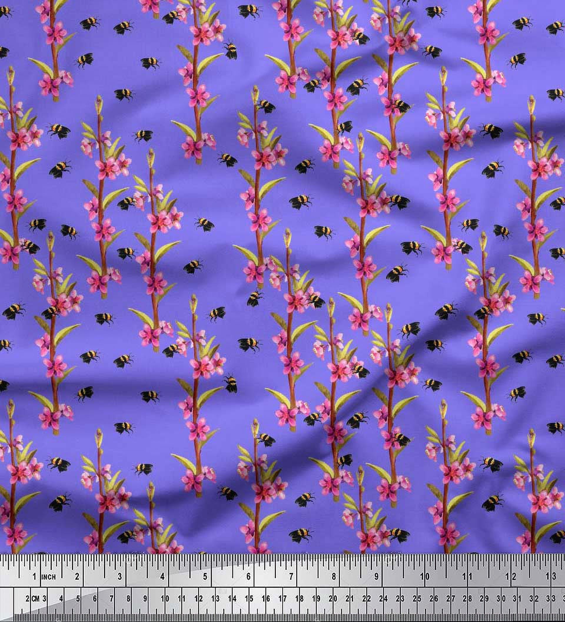 Soimoi Poly Georgette Fabric Leaves,Floral & Honey Bee Insects Fabric Prints by Yard 42 Inch Wide