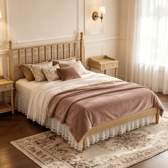 Homy Casa Queen Wood Platform Bed with Gourd-Shaped Headboard, Natural Finish, 10 Slats, No Box Spring
