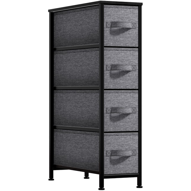 4 Drawers Chest Dresser (Narrow) Black featuring a slim vertical design with a black steel frame and charcoal grey fabric pull-out drawers. The dresser includes a smooth MDF wood tabletop surface and is ideal for compact spaces like bedrooms, bathrooms, or dorms. Each drawer has a built-in handle for easy access and folds flat for storage. Measures approximately 7.87 inches in length, 19 inches in width, and 29.87 inches in height.