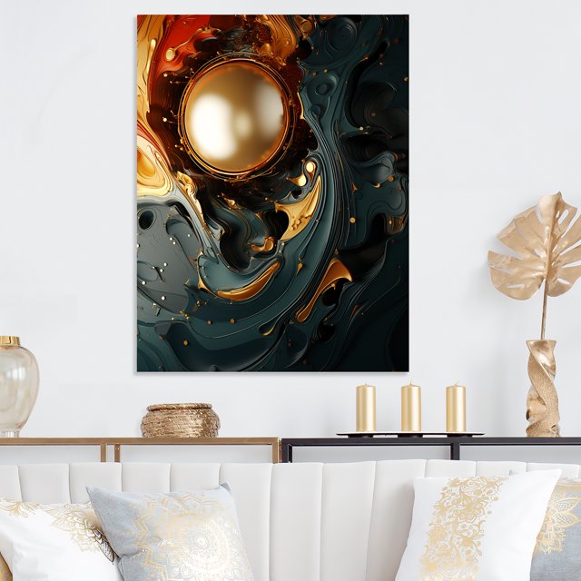 Designart "Liquid Ink Abstraction in Red and Black II" Abstract Liquid ink Metal Wall Art, Yellow Metal Wall Decor, Modern Metal Art Decor For Living Room - 30x40 Inch