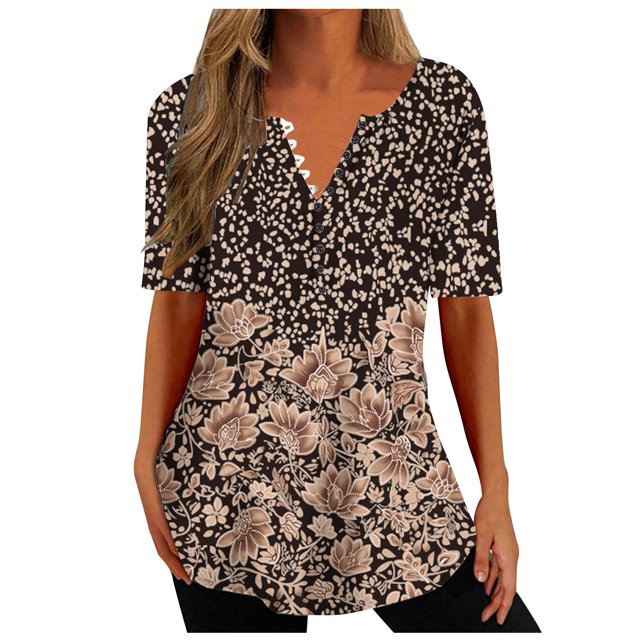Penkiiy Blouse Décontractée à Manches Courtes et Col en V pour Femmes, Imprimé, Été, Marron
