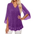 thumbnail image 1 of Double Layer Thread Mesh Loose Fit Blouse Top With Flared Three Quarter Sleeves And Elegant Collar Design For Summer Casual Wear And Fashion Outfits Women'S T-Shirts Purple Xl, 1 of 4
