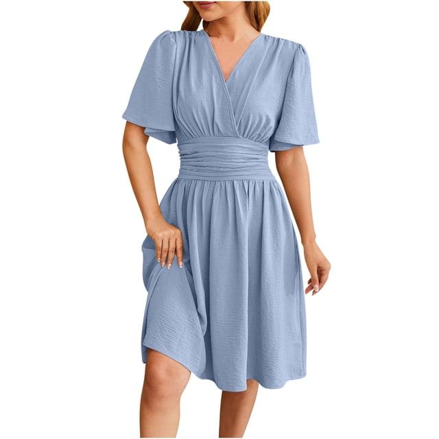 QIPOPIQ Spring Summer Dress for Women Casual Ruffle Short Sleeve Wrap V-Neck Dress with Pockets Clearance