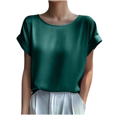 Amzcrzy Hauts pour Femmes, T-Shirts à Col Rond Unis Tendance, Manches Courtes Décontractées, Hauts d'Été Confortables en Satin Léger pour Sortir